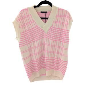 Fame Knitwear Pink Plaid Sleeveless Sweater Vest Pullover V-Neck Womens M NWT